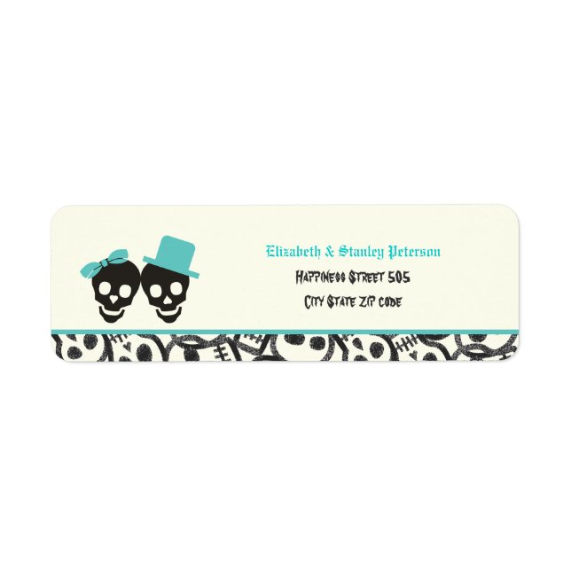 Elegant skulls Halloween turquoise wedding label (Front)
