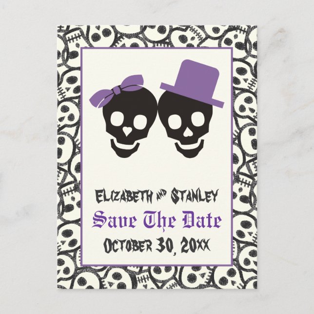 Elegant skulls Halloween wedding Save the Date Announcement Postcard (Front)