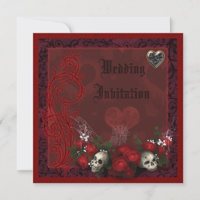 Elegant Skulls, Roses & Hearts Linen Wedding Invitation (Front)