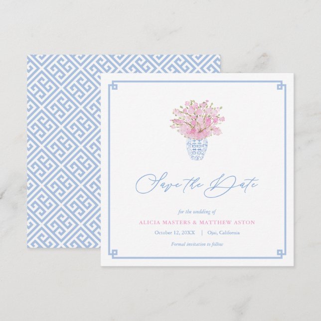 Elegant Sky Blue Ballet Pink Ginger Jar Wedding Save The Date (Front/Back)
