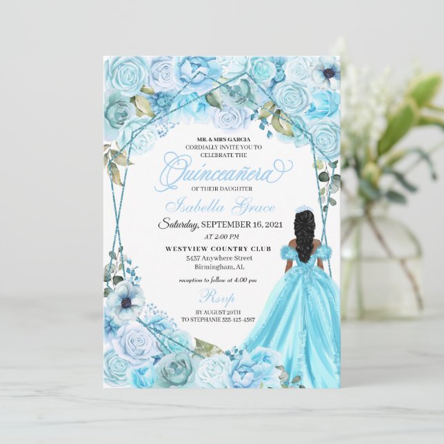 Elegant Sky Blue Floral Quinceanera Invitation (Standing Front)