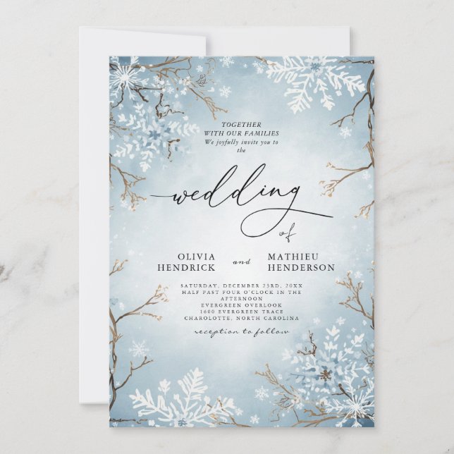 Elegant Sky Blue Winter Floral Wedding Invitation (Front)