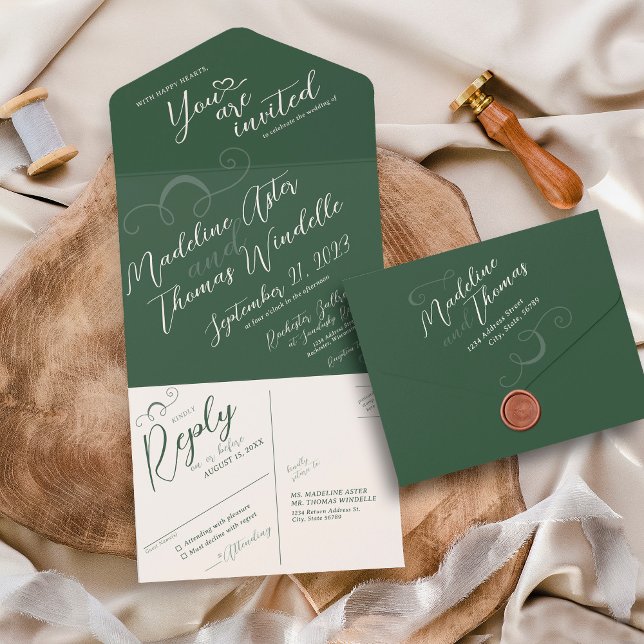 Elegant Slant Script Dark Moss Green Wedding All In One Invitation (Elegant classic slant script all in one dark moss emerald green wedding invitation, rsvp postcard)