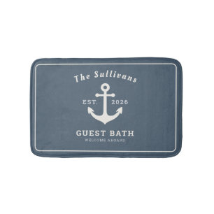 Elegant Slate Blue Coastal Anchor Monogrammed Bath Mat