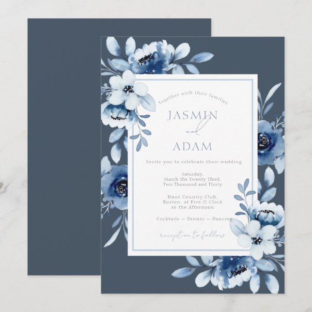 Elegant Slate Blue Floral Wedding  Invitation (Front/Back)