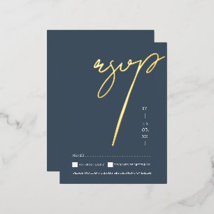 Elegant Slate Blue Gold Foil Script Wedding RSVP Invitation Postcard