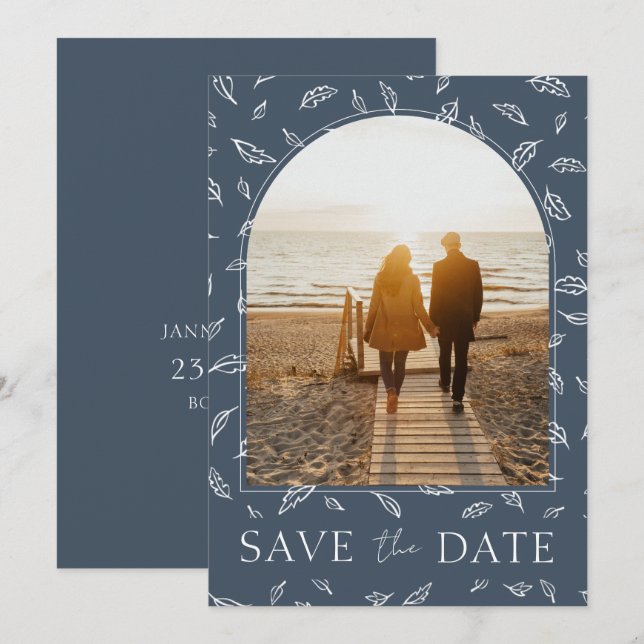 Elegant Slate Blue Leaf Photo Wedding Save The Date (Front/Back)