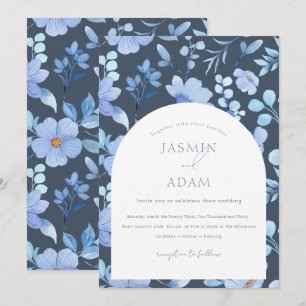 Elegant Slate Blue Opulence Floral Monogram Invitation