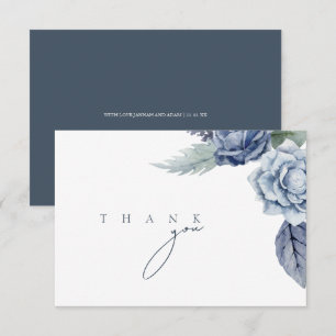 Elegant Slate Blue Rose Monogram Wedding Thank You Card