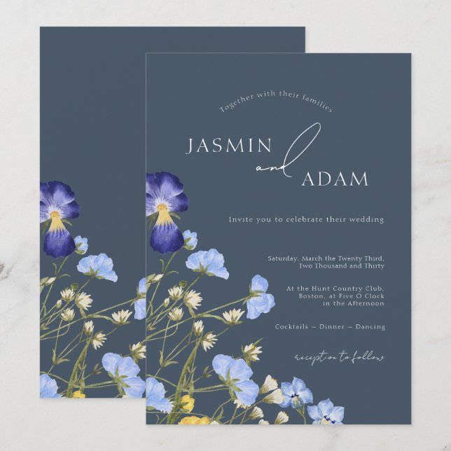 Elegant Slate Blue Wildflower Wedding Invitation (Front/Back)