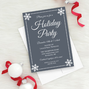 Elegant Slate Gray Snowflake Script Holiday Party Invitation