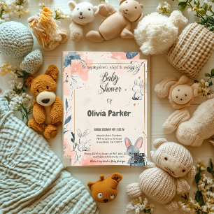 Elegant Slate Grey and Blush Pink watercolor baby Invitation