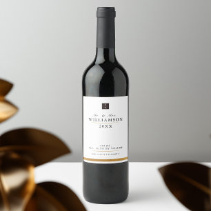 Elegant Sleek Black White Gold Monogram Wine Label