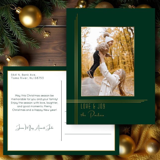 Elegant Sleek Green/Gold Modern Deco Style Photo Holiday Postcard (Creator Uploaded)