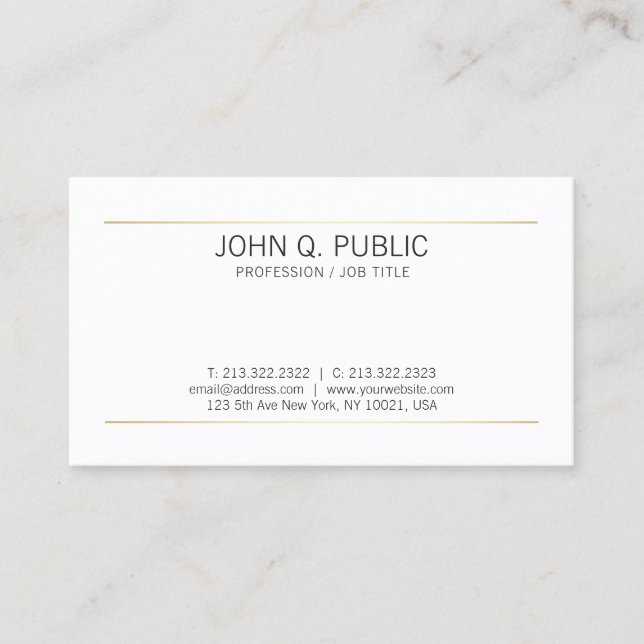 Elegant Sleek Plain Gold Stripes Modern White Business Card (Front)
