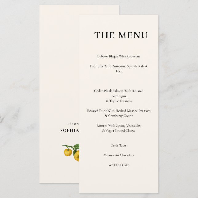 Elegant Slim Vintage Citrus Fruit Wedding Menu (Front/Back)