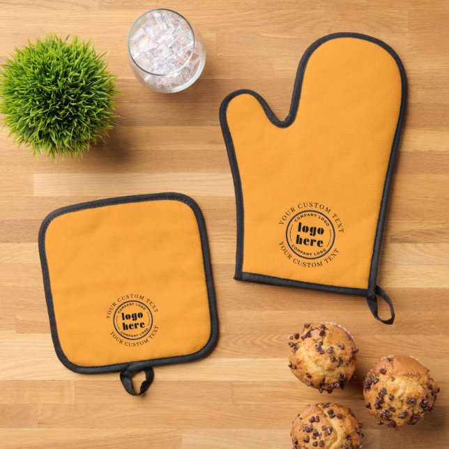 Elegant Small Business Promotion Custom Cantaloupe Oven Mitt & Pot Holder Set (Top Down)