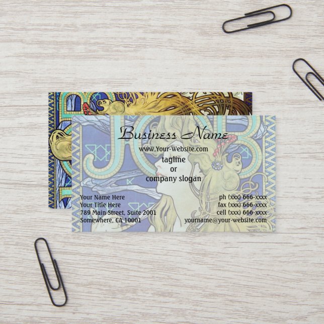 Elegant Smoke,Job by by Alphonse Mucha Art Nouveau Business Card (Front/Back In Situ)