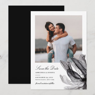 Elegant Smoky Floral Black White Photo Wedding  Save The Date
