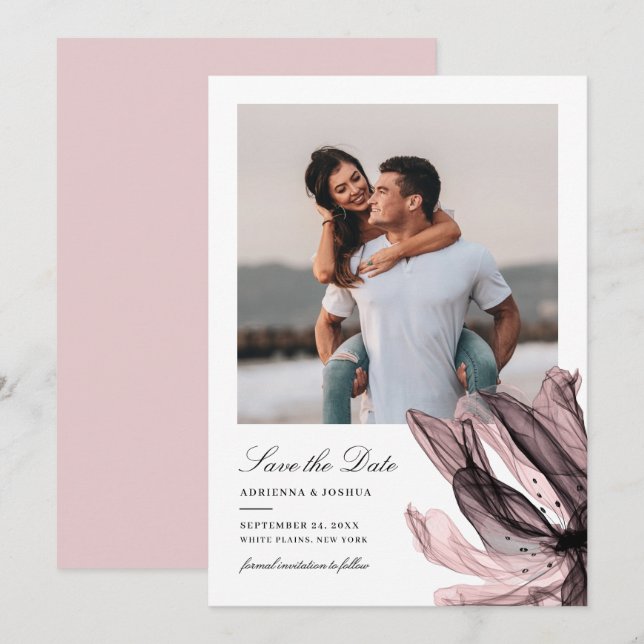 Elegant Smoky Floral Dusty Rose Photo Wedding  Save The Date (Front/Back)