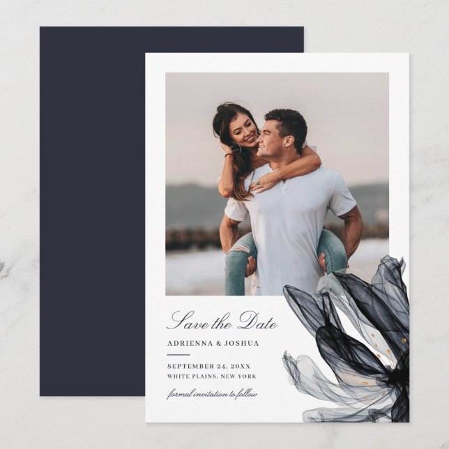 Elegant Smoky Floral Navy Photo Wedding Save The Date (Front/Back)