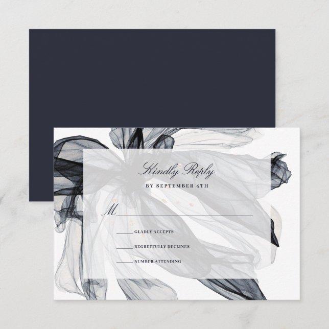 Elegant Smoky Floral Navy Wedding  RSVP Card (Front/Back)