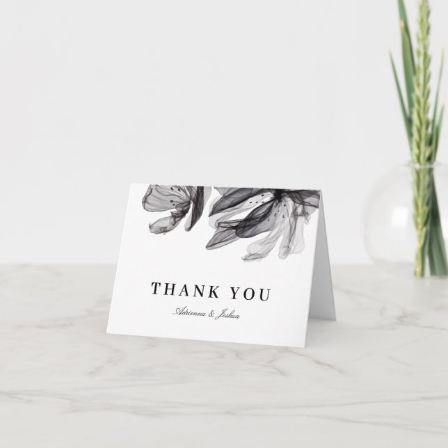 Elegant Smoky Flowers Black Wedding Thank You Card (Front)