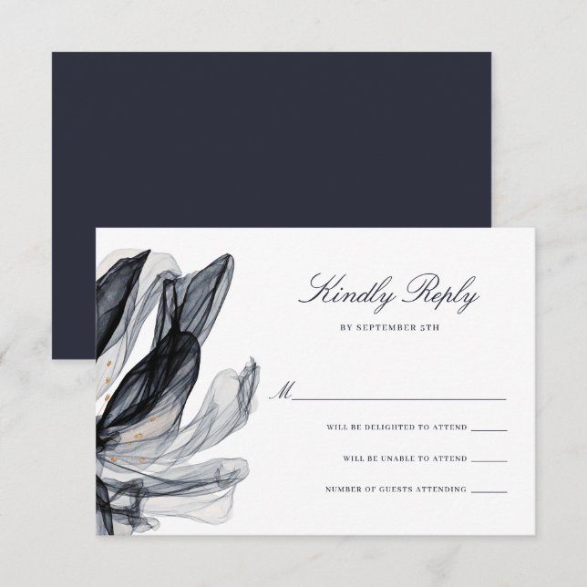 Elegant Smoky Flowers Deep Navy Wedding RSVP Card (Front/Back)