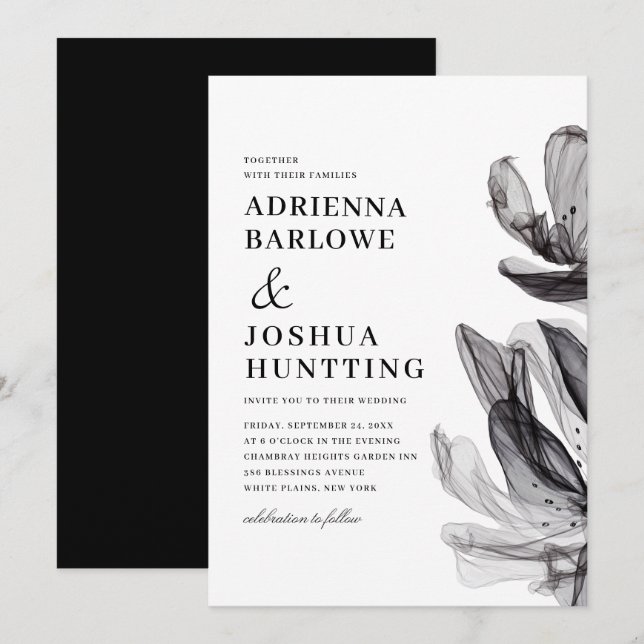 Elegant Smoky Flowers Side Text Black Wedding Invitation (Front/Back)