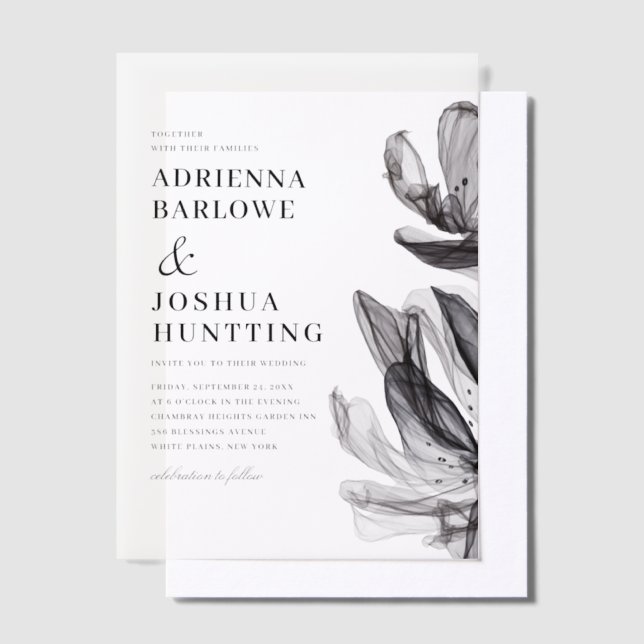 Elegant Smoky Flowers Side Text Black Wedding Vellum Invitations (Offset)