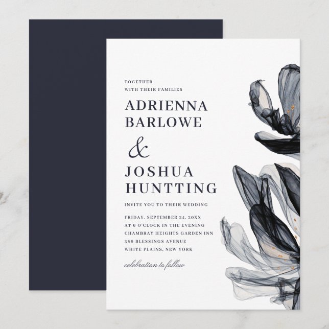 Elegant Smoky Flowers Side Text Navy Wedding  Invitation (Front/Back)