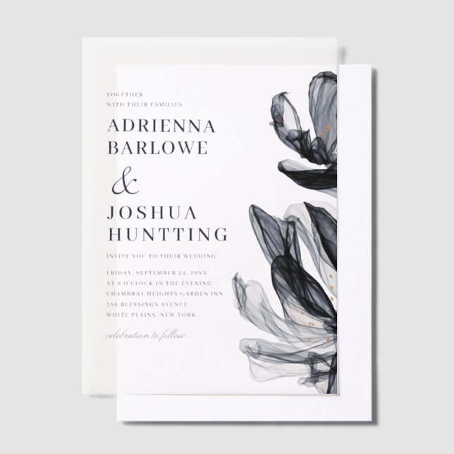 Elegant Smoky Flowers Side Text Navy Wedding Vellum Invitations (Offset)