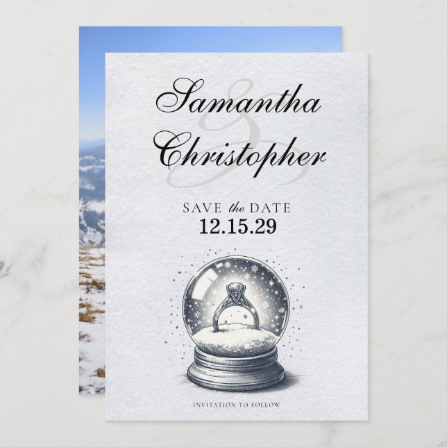 Elegant Snow Globe Engagement Ring Save The Date (Front/Back)