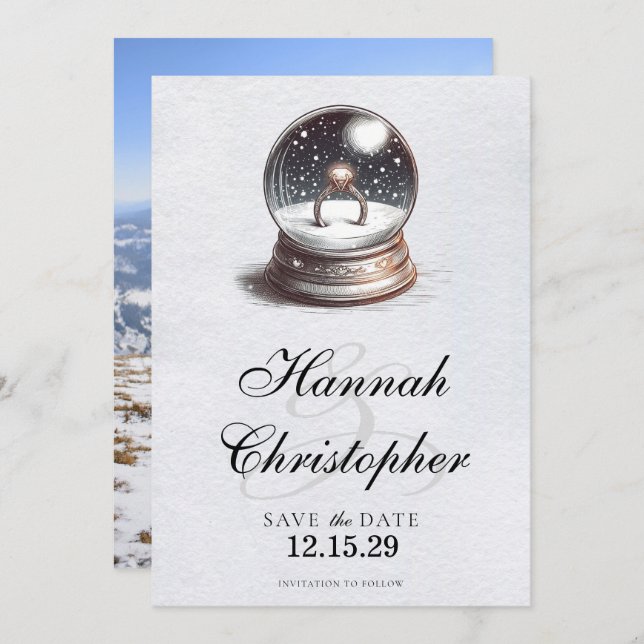 Elegant Snow Globe Engagement Ring Save The Date (Front/Back)