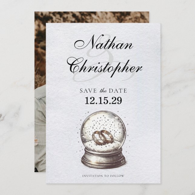 Elegant Snow Globe Wedding Bands Save The Date (Front/Back)