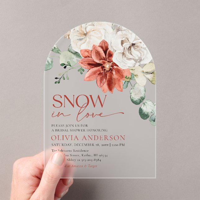 Elegant Snow in Love Winter Red Bridal Shower Acrylic Invitations (Insitu (Handheld))
