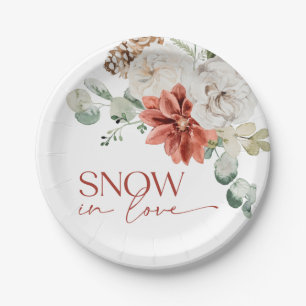 Elegant Snow in Love Winter Red Bridal Shower Paper Plate