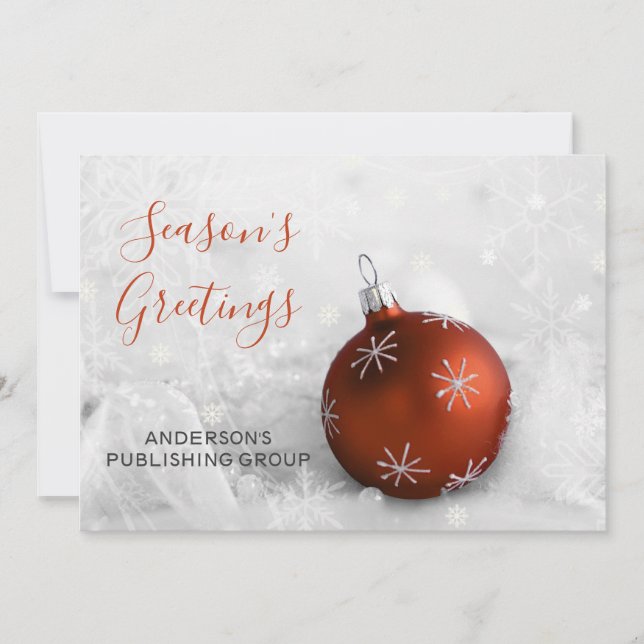 Elegant Snow Scene Orange Ornament Company Holiday Card (Front)