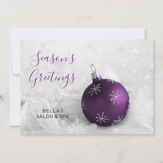 Elegant Snow Scene Purple Ornament Company Holiday Card (Front)