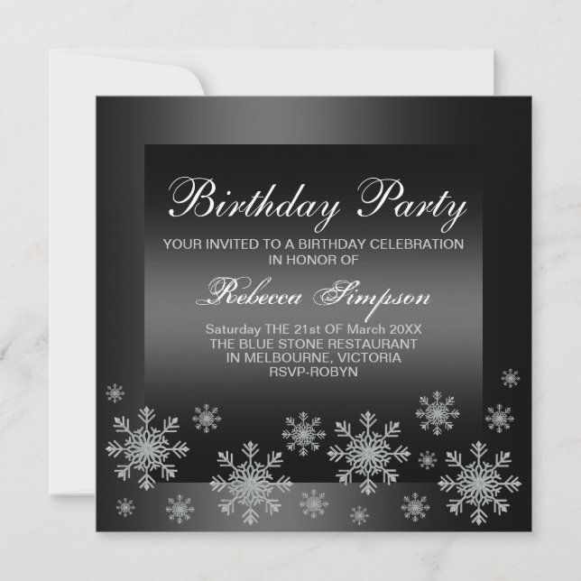Elegant Snow Silver & Black Birthday Invitation (Front)