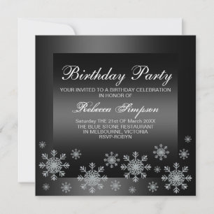 Elegant Snow Silver & Black Birthday Invitation