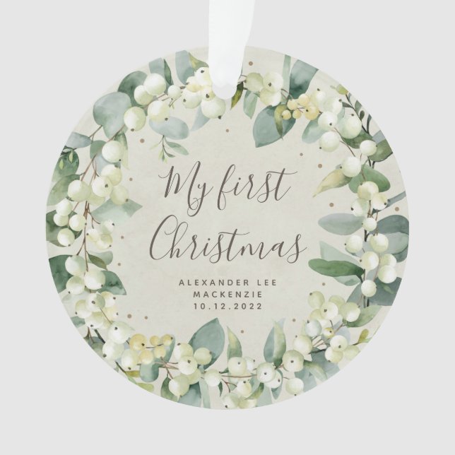 Elegant Snowberry Baby's First Christmas Photo Ornament (Front)