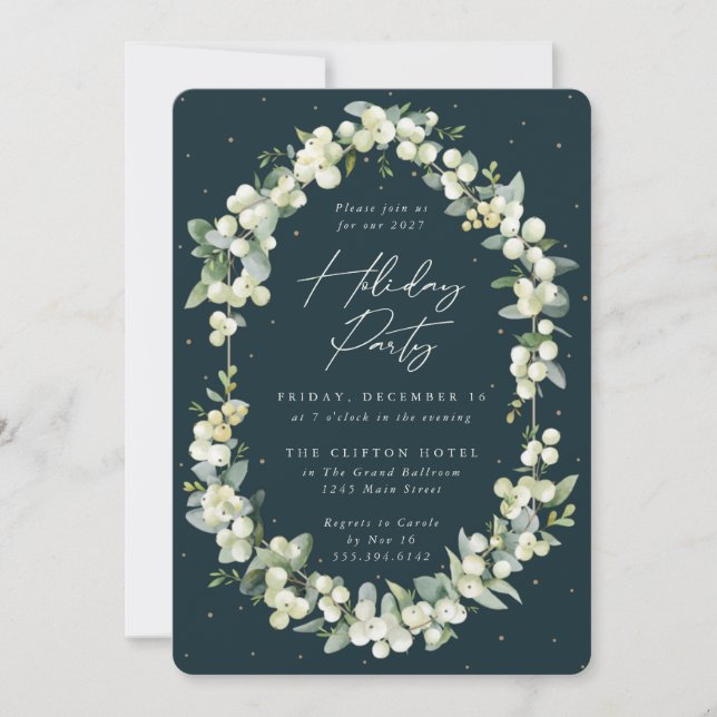 Elegant Snowberry+Eucalyptus Frame Holiday Party Invitation (Front)
