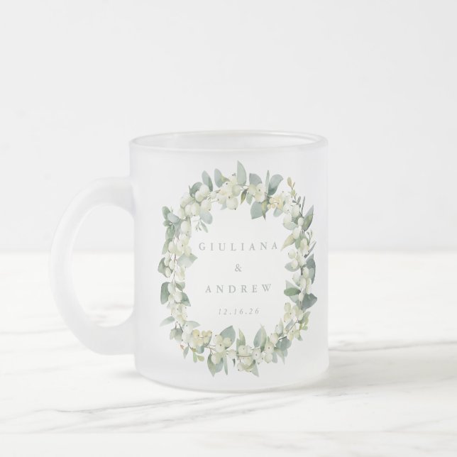 Elegant Snowberry+Eucalyptus Wreath Wedding Frosted Glass Coffee Mug (Left)