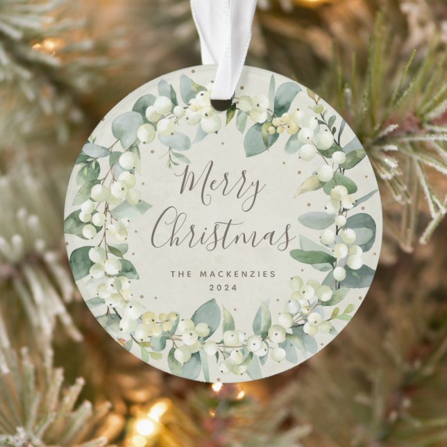 Elegant Snowberry Merry Christmas Family Photo Ornament (Tree)
