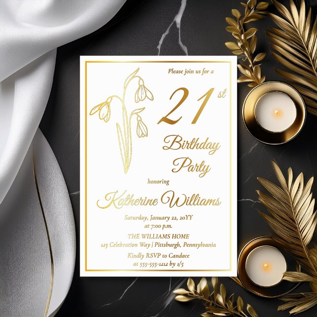 Elegant Snowdrops 21st Birthday Party Stamped (Elegant January Birth Month Snowdrops Floral "21st Birthday Party" Stamped Gold Foil Invitations)