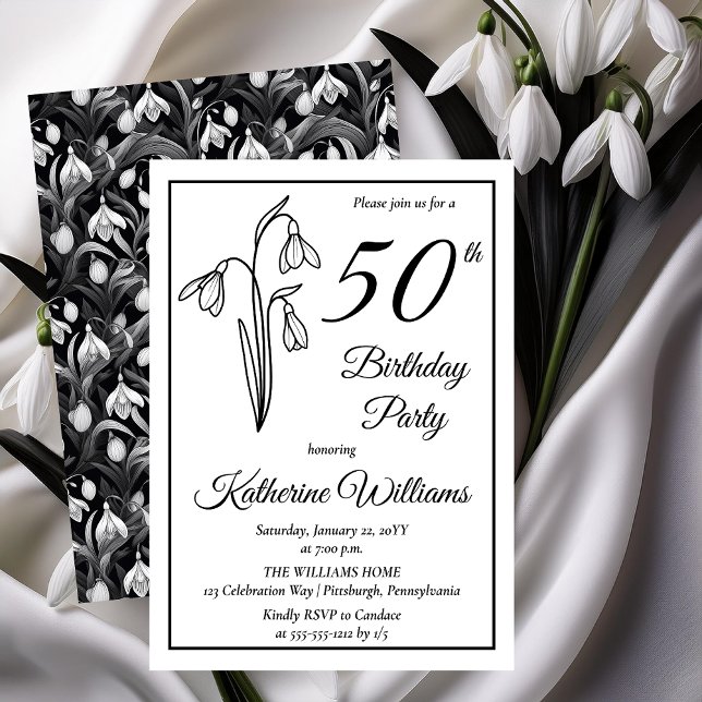 Elegant Snowdrops 50th Birthday Party  Invitation (Elegant January Birth Month Snowdrops Floral "50th Birthday Party" Invitations -- Print | Download)