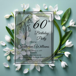 Elegant Snowdrops 60th Birthday Party Acrylic Invitations