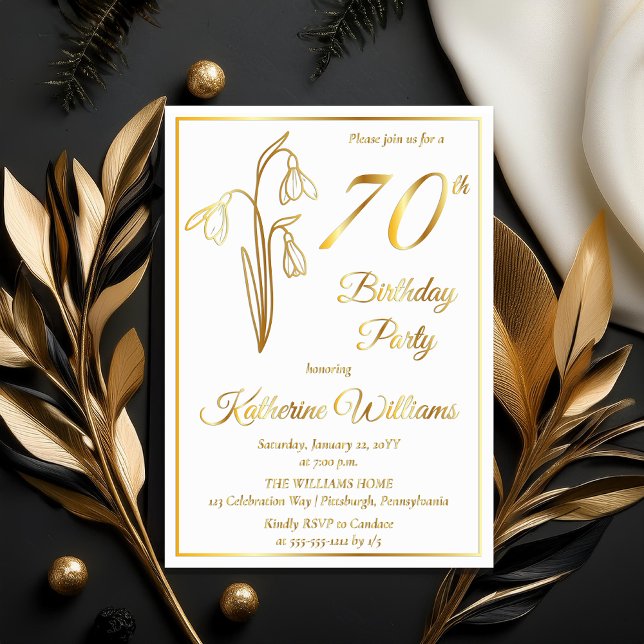 Elegant Snowdrops 70th Birthday Party Stamped (Elegant January Birth Month Snowdrops Floral "70th Birthday Party" Stamped Gold Foil Invitations)