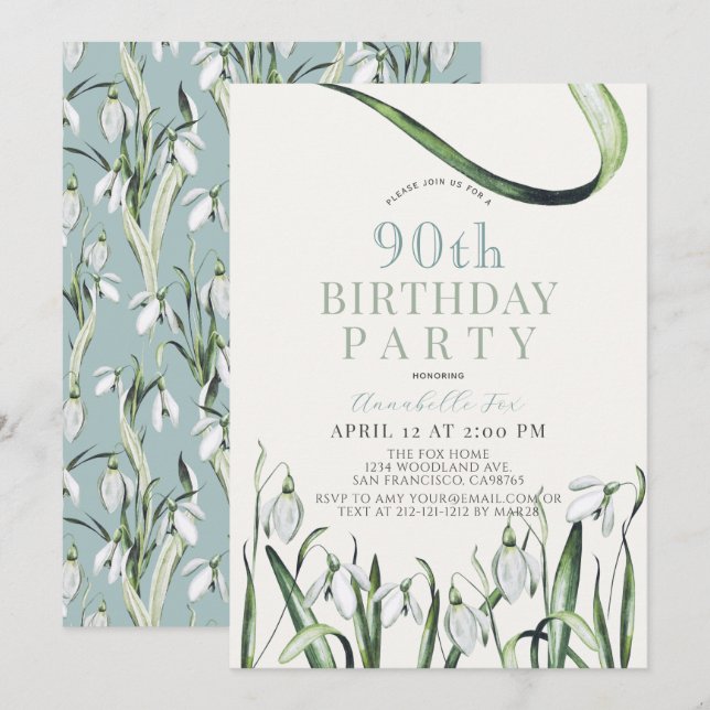 Elegant Snowdrops Watercolor 90th Birthday Invitation (Front/Back)